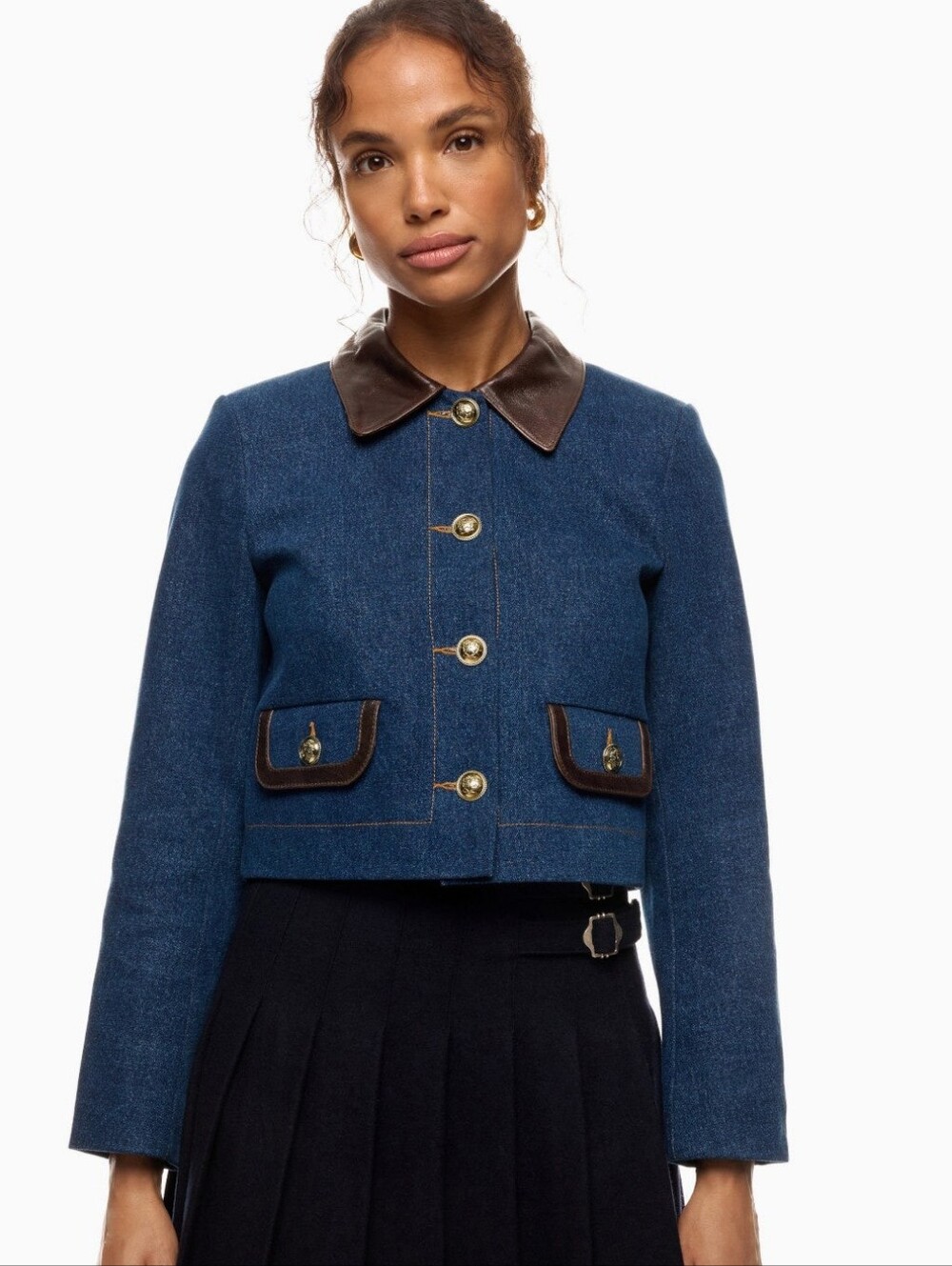 Sandro Denim Jacket With Leather Collar Long Sleeve Front Button Size 4